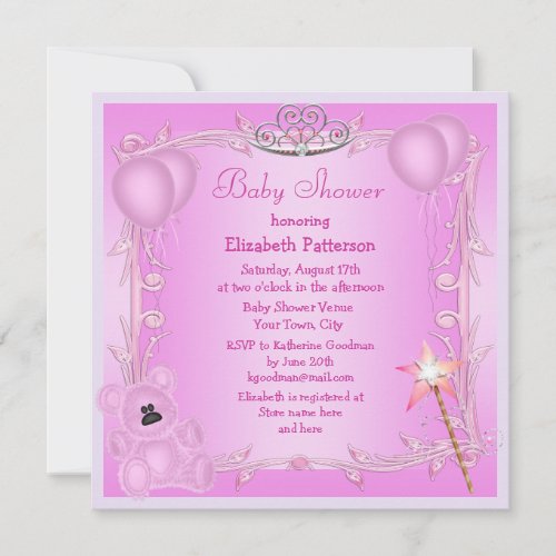 Pink Princess Teddy Bear  Balloons Baby Shower Invitation