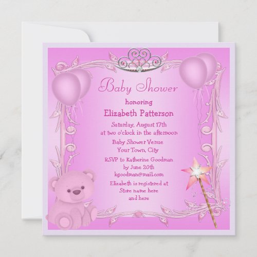 Pink Princess Teddy Bear  Balloons Baby Shower Invitation
