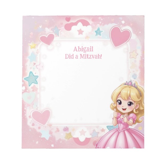 Pink Princess Theme Blonde Personalized Mitzvah Notepad (Front)