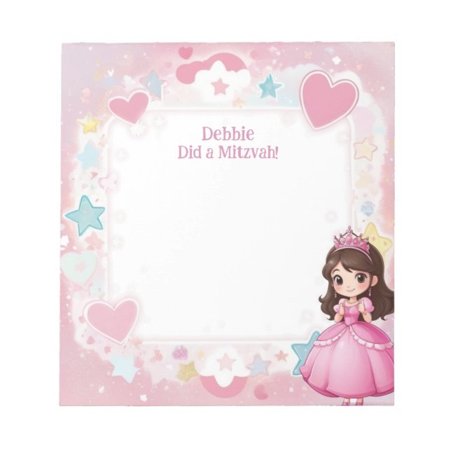 Pink Princess Themed Brunette Personalized Mitzvah Notepad (Front)