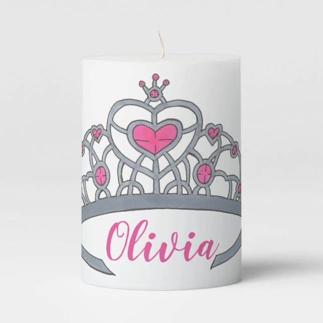 Pink Princess Tiara Birthday Party Centerpiece Pillar Candle (Front)