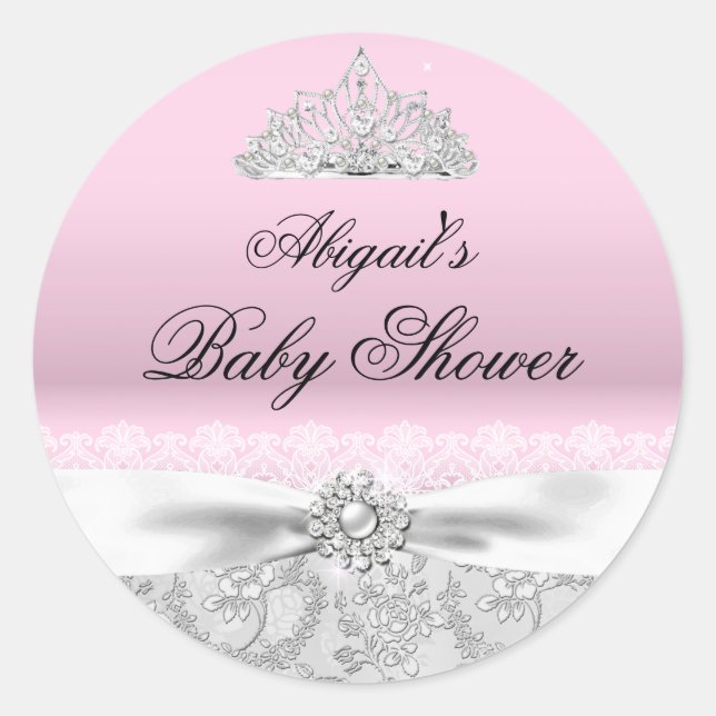 Pink Princess Tiara & Bow Baby Shower Sticker (Front)