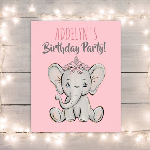 Pink Princess Tiara Elephant Childs Birthday Poster