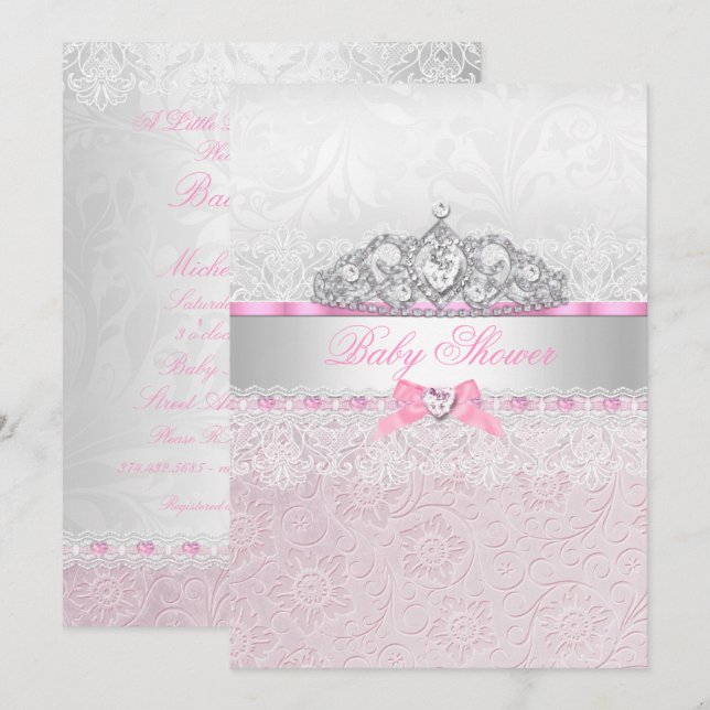 Pink Princess Tiara Lace Baby Shower Invitation (Front/Back)