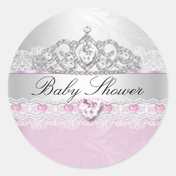 Pink Princess Tiara & Lace Baby Shower Stickers by ExclusiveZazzle at Zazzle