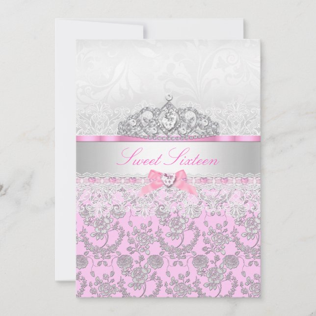 Pink Princess Tiara & Lace Sweet 16 Invitation (Front)