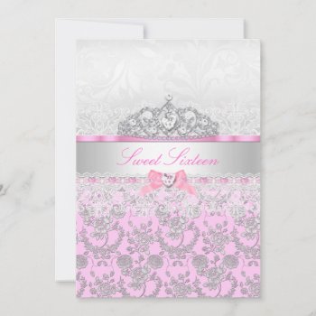Pink Princess Tiara & Lace Sweet 16 Invitation by ExclusiveZazzle at Zazzle