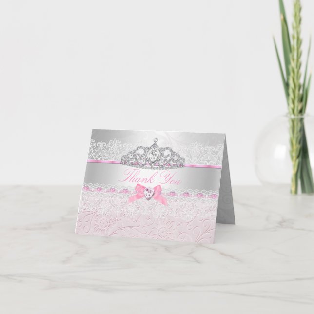 Pink Princess Tiara & Lace Thank You Card (Front)