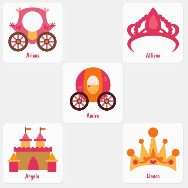 Pink princess tiaras castle carriage personalized kids' labels (Group)