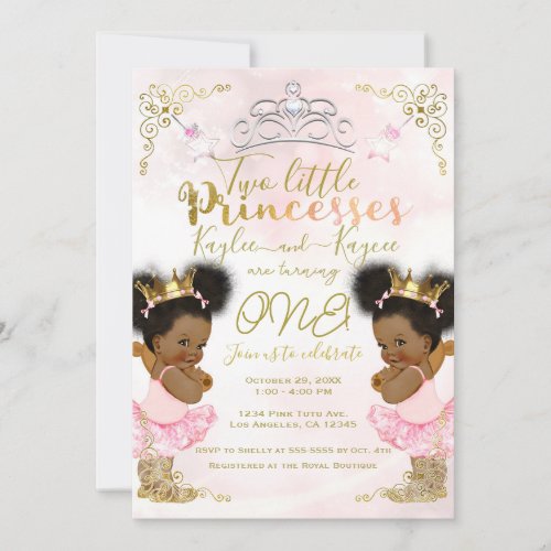 Pink Princess Tutu Crown Twin Dark Skin Birthday  Invitation