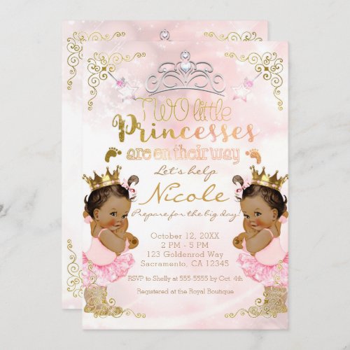 Pink Princess Tutu  Crown Twin Girls Baby Shower Invitation