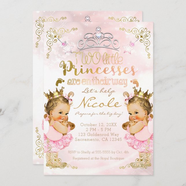 Pink Princess Tutu & Crown Twin Girls Baby Shower Invitation (Front/Back)