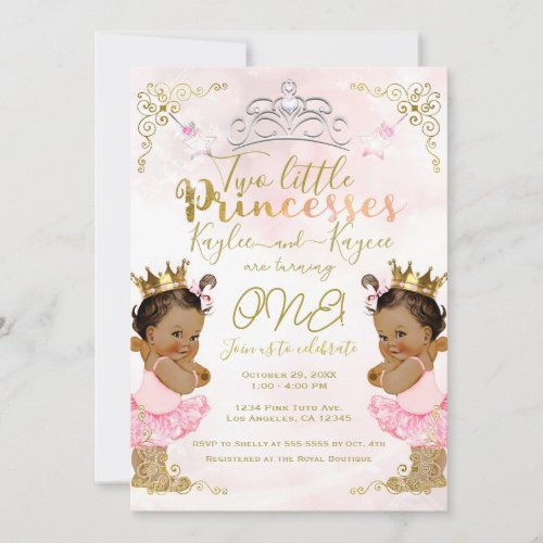 Pink Princess Tutu  Crown Twin Girls Birthday Invitation