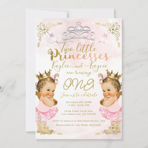 Pink Princess Tutu  Crown Twin Girls Birthday  Invitation