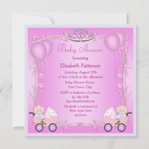 Pink Princess Twin Girls in Strollers Baby Shower Invitation