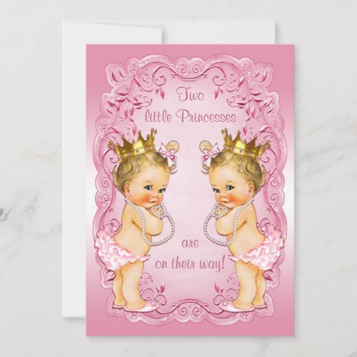 Pink Princess Twins with Pearls Baby Shower Invitation