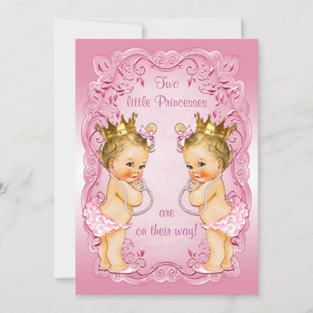 Pink Princess Twins with Pearls Baby Shower Invitation (Front)