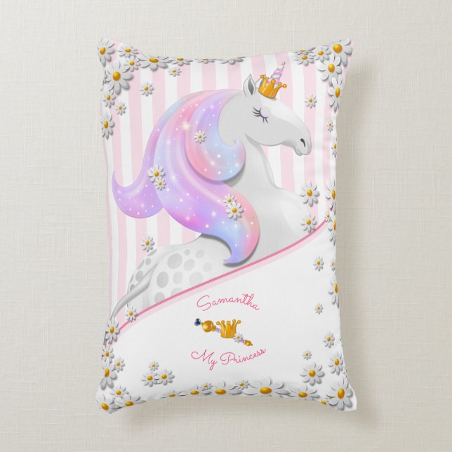 Pink Princess Unicorn Personalised Striped Accent Pillow (Front(Vertical))