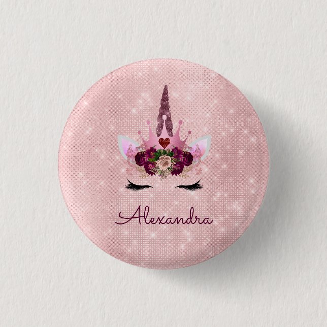 Pink Princess Unicorn Rose Gold Blush Pink Glitter Button (Front)
