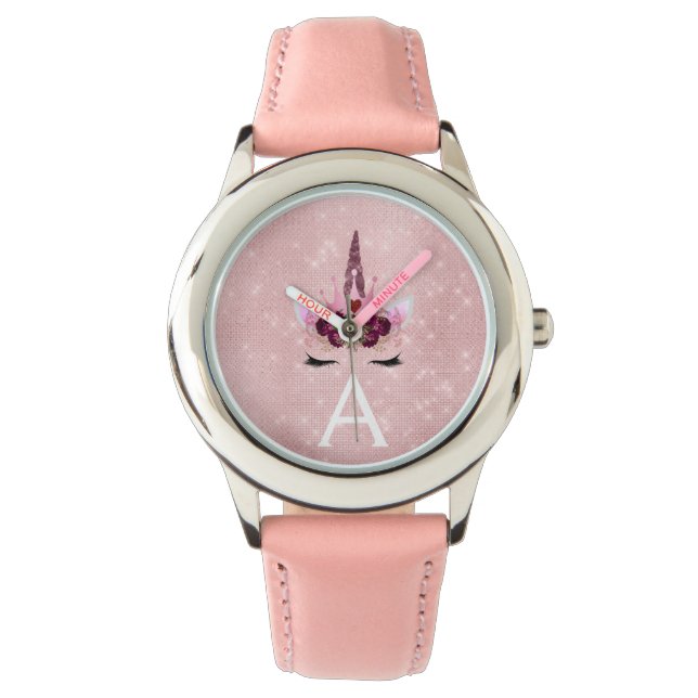Pink Princess Unicorn Rose Gold Blush Pink Glitter Watch (Front)