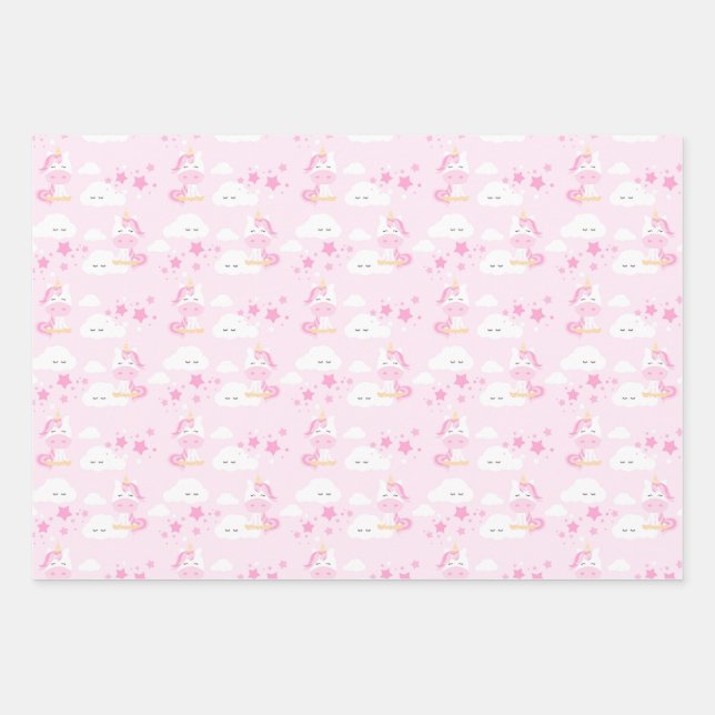 Pink Princess & Unicorns Birthday Party Wrap Wrapping Paper Sheets (Front)