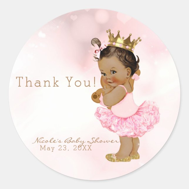 Pink Princess Vintage Tan Baby Girl Shower Favor Classic Round Sticker (Front)