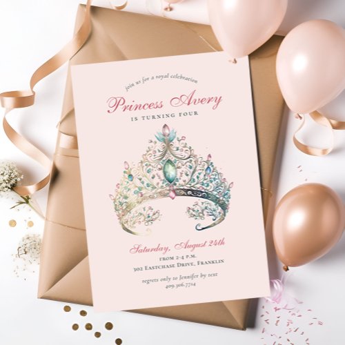 Pink Princess Watercolor Tiara Birthday Invitation
