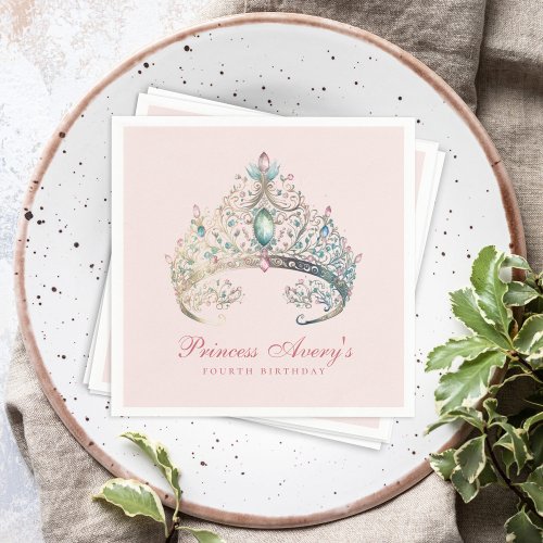 Pink Princess Watercolor Tiara Birthday Napkins