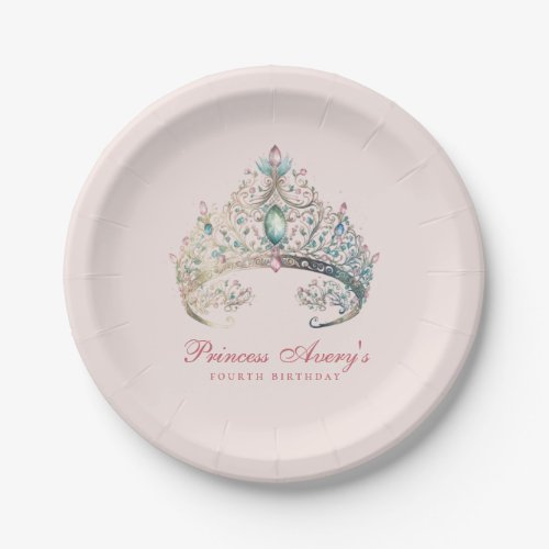 Pink Princess Watercolor Tiara Birthday Paper Plates