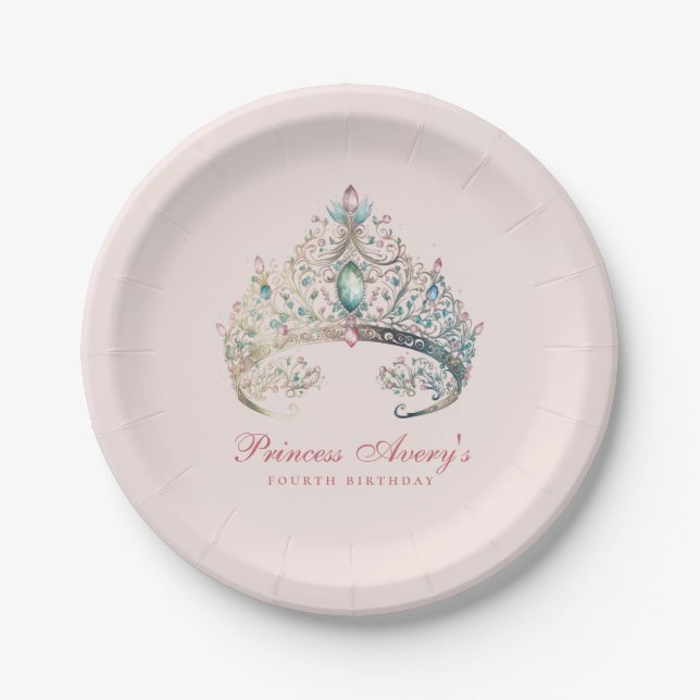 Pink Princess Watercolor Tiara Birthday Paper Plates (Front)