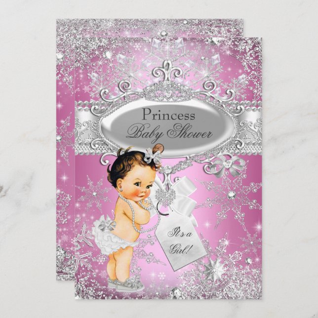 Pink Princess Winter Wonderland Baby Shower Brown Invitation (Front/Back)