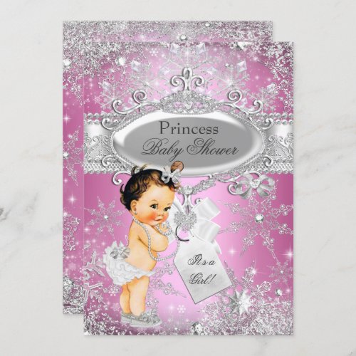 Pink Princess Winter Wonderland Baby Shower Brown Invitation