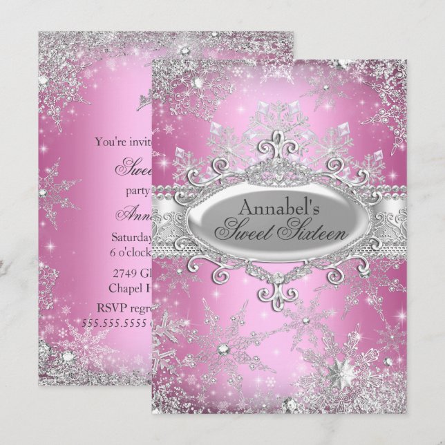 Pink Princess Winter Wonderland Sweet 16 Invite (Front/Back)