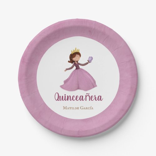 Pink Princess with Crown and Butterfly Quinceaera Paper Plates