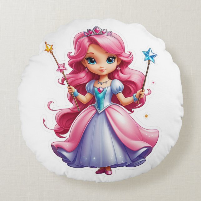 Pink Princess With Magical Wand And Tiara Round Pillow (Front)