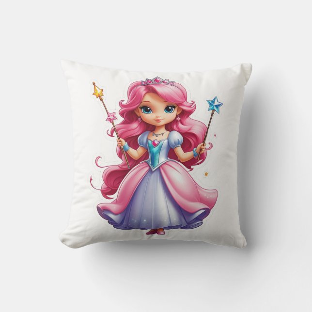 Pink Princess With Magical Wand And Tiara Throw Pillow (Front)