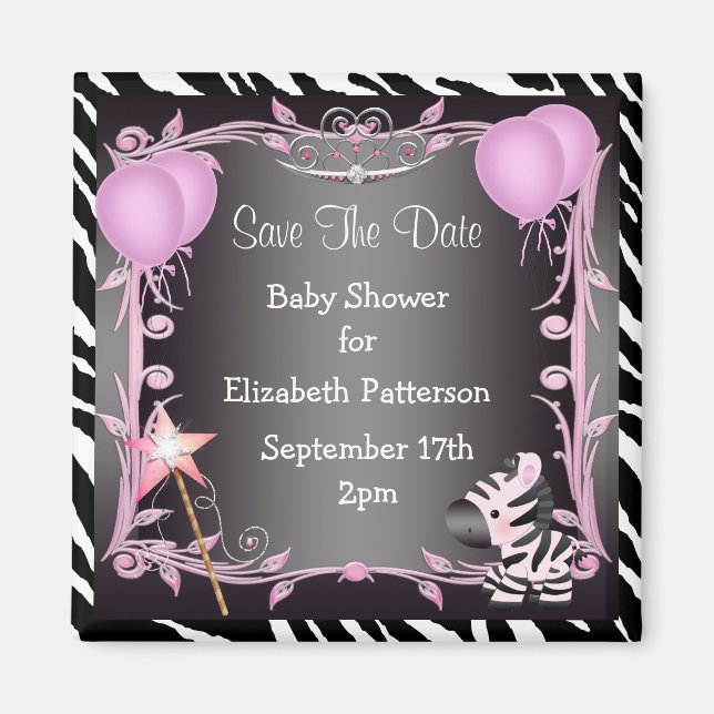 Pink Princess Zebra Baby Shower Save The Date Magnet (Front)