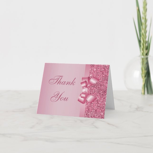Pink Printed Sequins Bow & Diamond Thank You Card (Front)