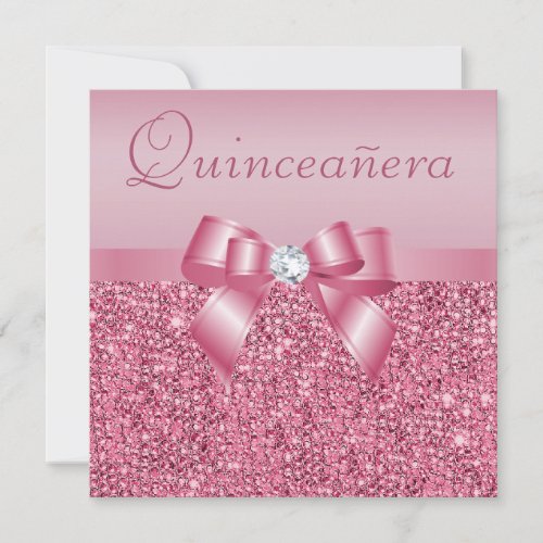 Pink Printed Sequins &amp; Bow Quinceanera Announcement