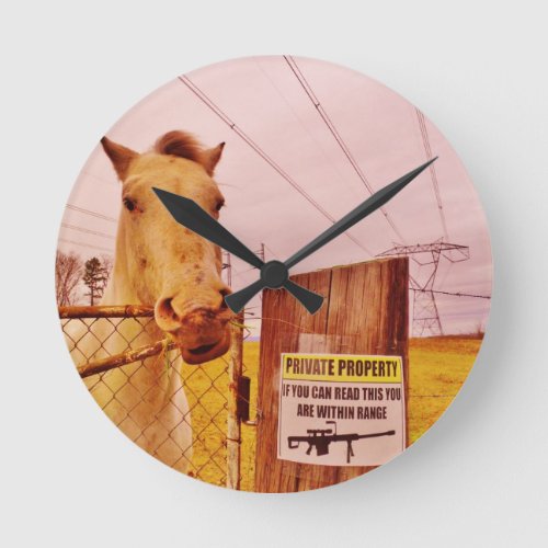 Pink Private Property Horse Round Clock