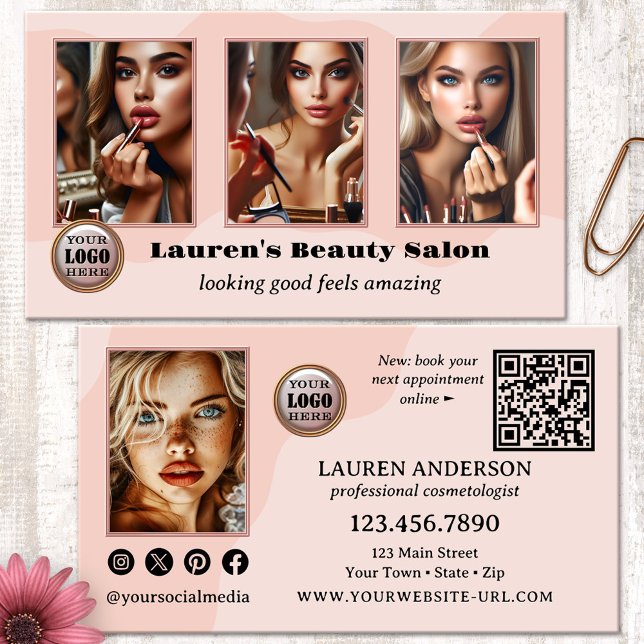 Pink Professional Photo Portfolio Beauty Business Card (Beauty business card featuring your custom photo portfolio on a creative pink elegant design)