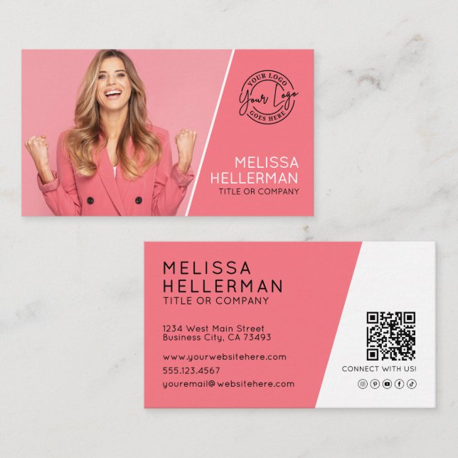 Pink Professional Photo QR Code Your Logo Business Card (Front/Back)