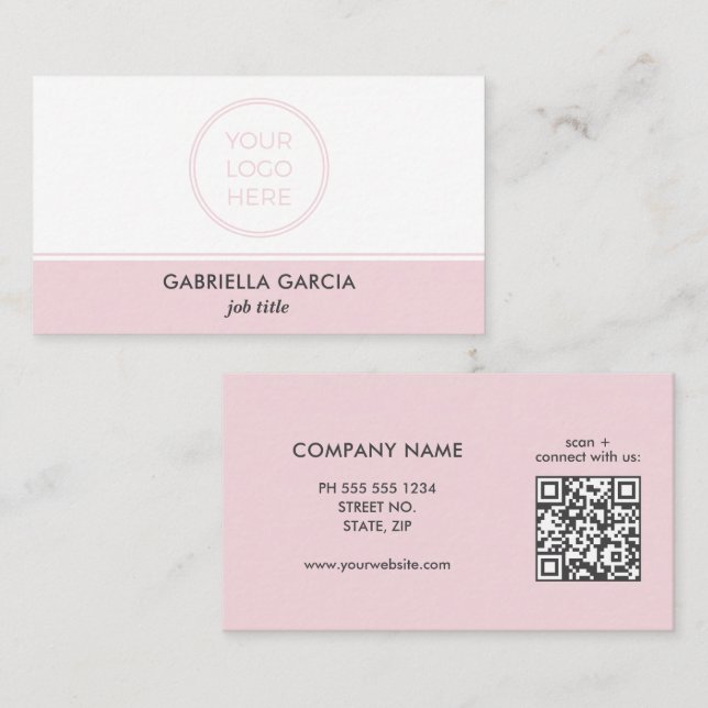 Pink Professional Simple Logo QR Code Business Card (Front/Back)