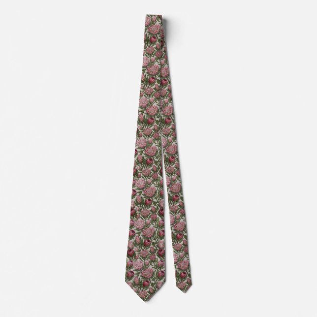 Pink Protea Embroidery Floral Pattern Neck Tie (Front)