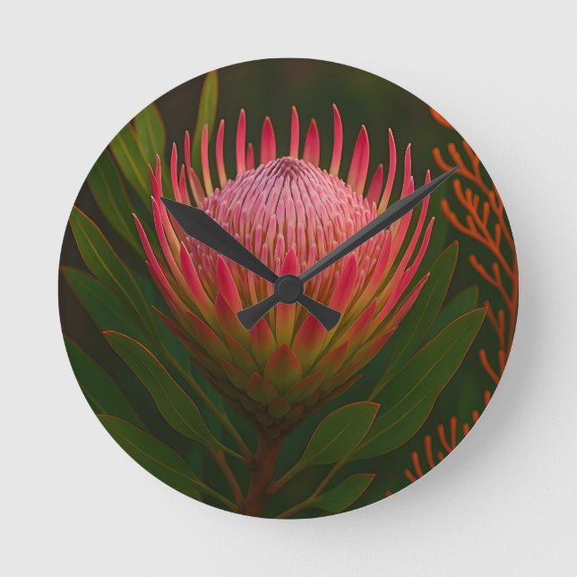 Pink Protea Flower Exotic Bloom Round Clock (Front)