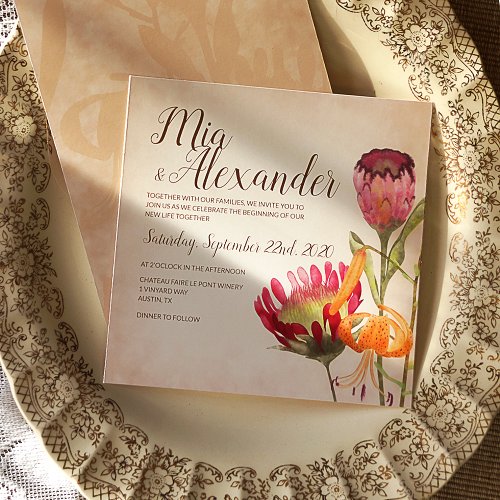 Pink Protea Flowers and Tiger Lily Wedding Invitation
