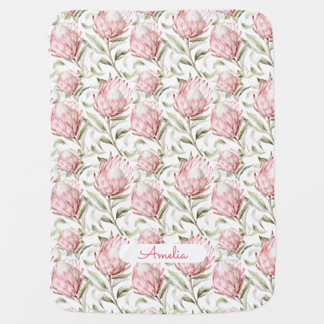 Pink Protea Flowers Floral Girls Baby Blanket (Front)