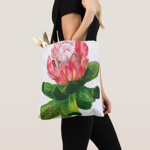 Pink protea king protea flower tropical africa tote bag
