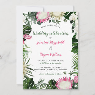 Pink Protea Tropical Watercolor Floral Wedding Invitation