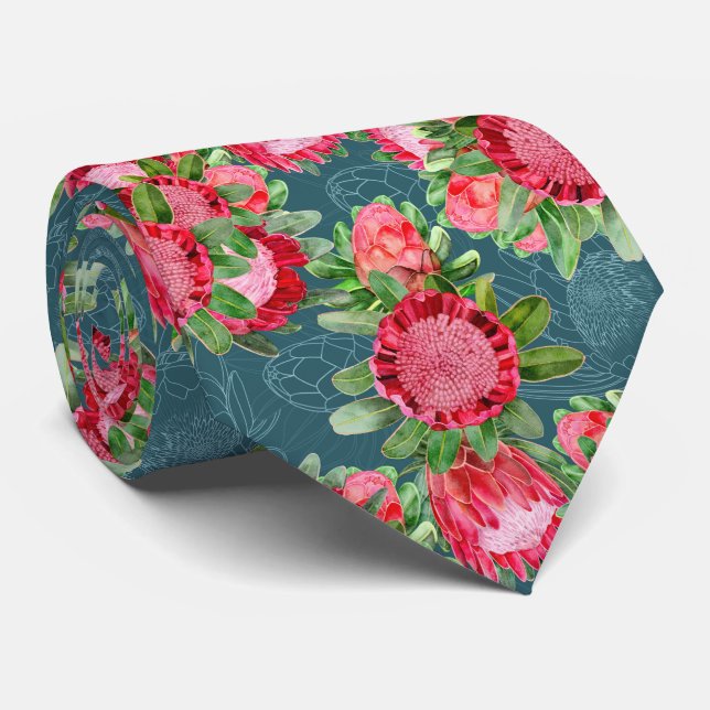 Pink Protea Watercolour Garden Blooms Neck Tie (Rolled)